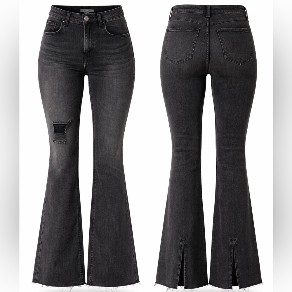 Forever 21 Black High Rise Back Seam Slit Frayed Flare Jeans Womens SZ 27 Grunge